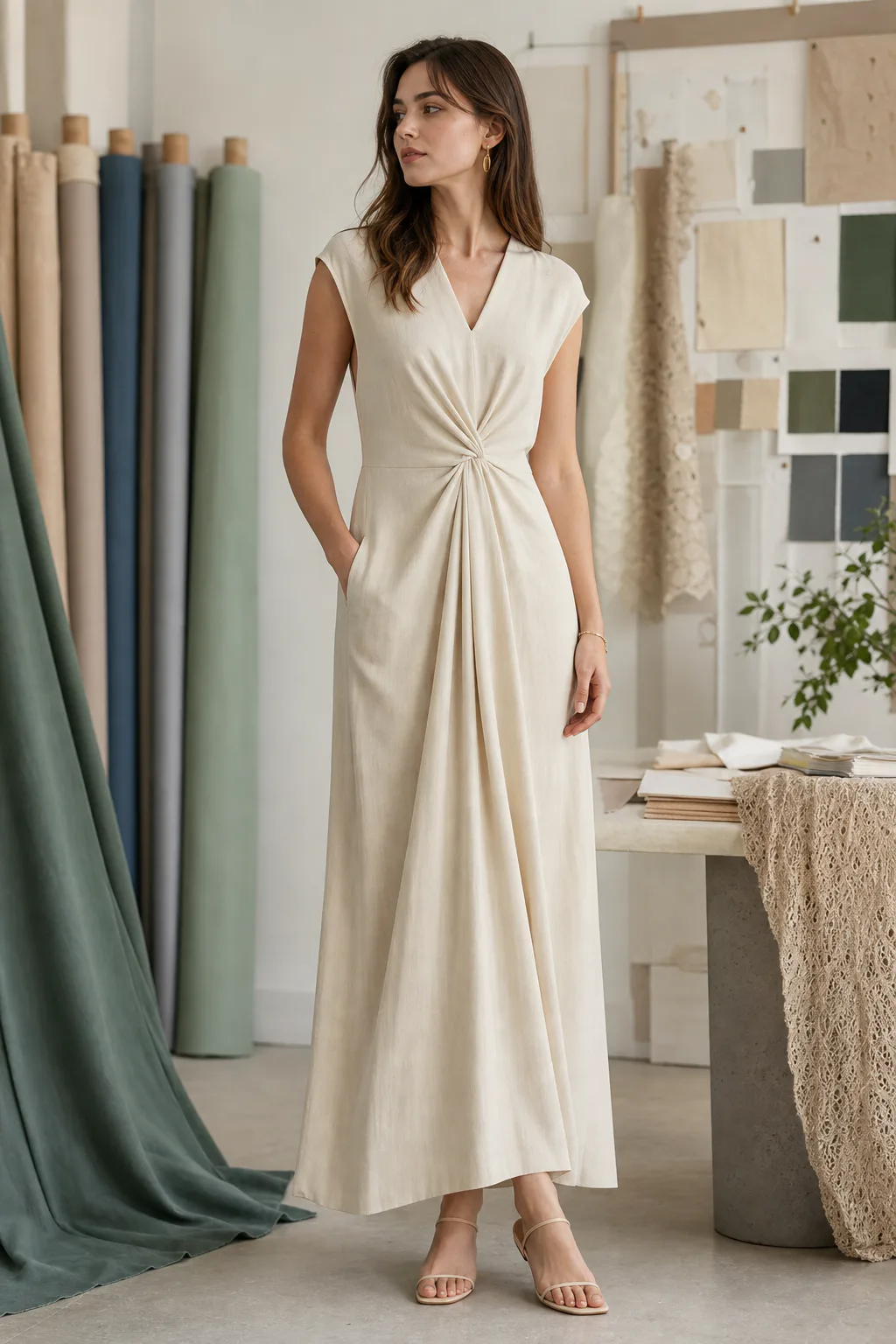 Model wearing a soft drape dress in a textile showroom