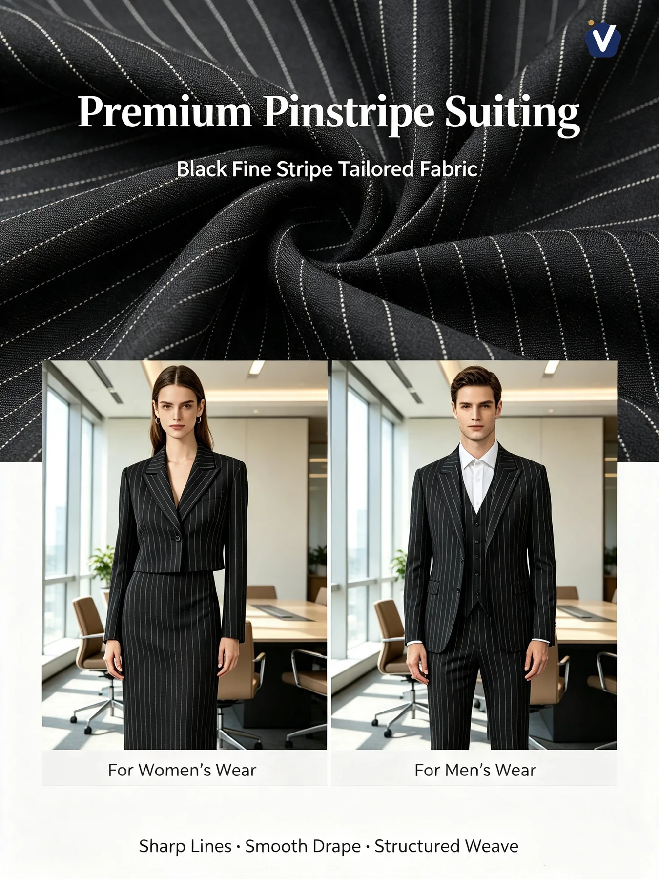 FP44331 | Structured black pinstripe suiting | Suits, waistcoats and skirts