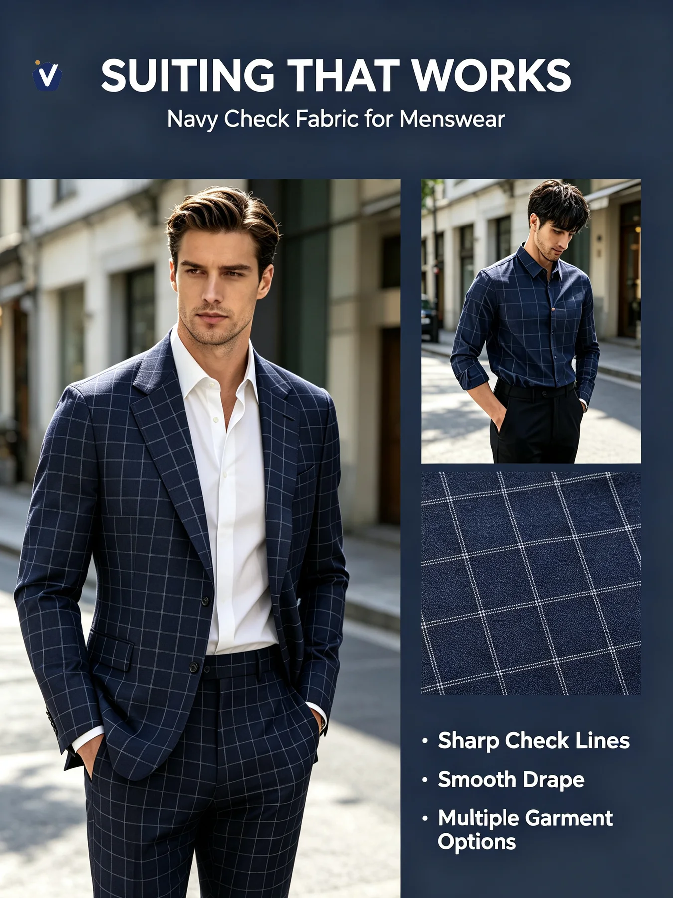 FP82963 | Fabrik sut windowpane biru gelap | Sut lelaki dan pakaian kasual kemas
